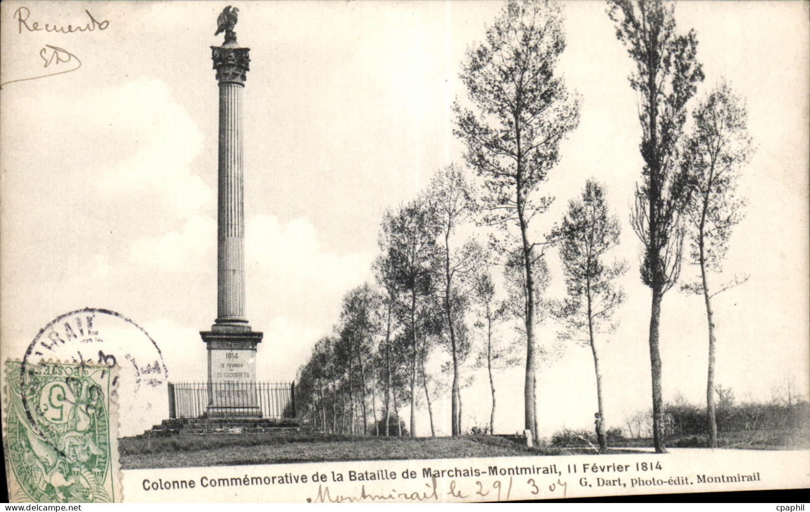 CPA Montmirail Colonne commemorative de la bataille de Marchais Montmirail 11 fevrier 1814