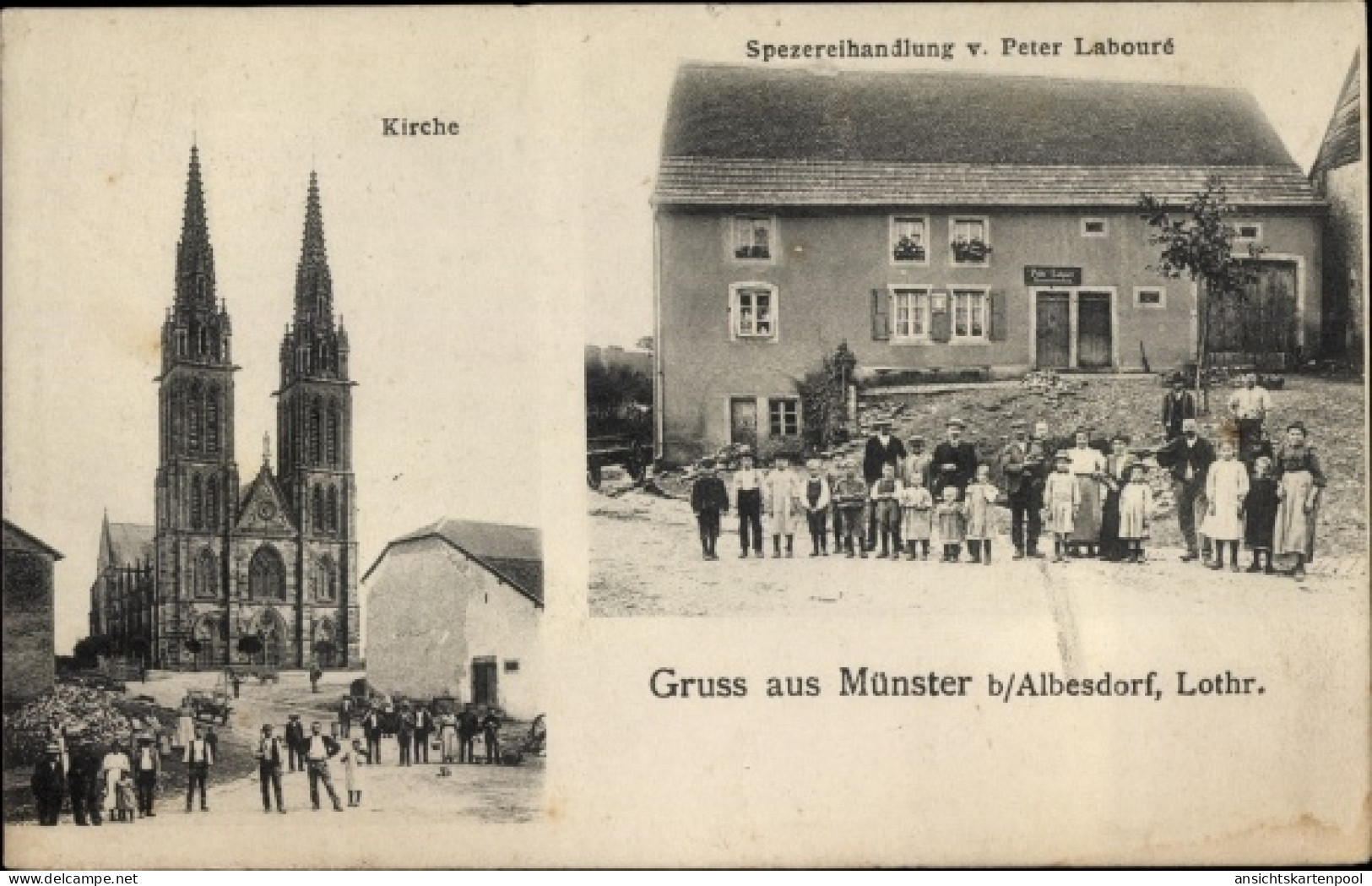 CPA Münster bei Albestroff Albesdorf Moselle, Spezereihandlung von Peter Labouré, Kirche
