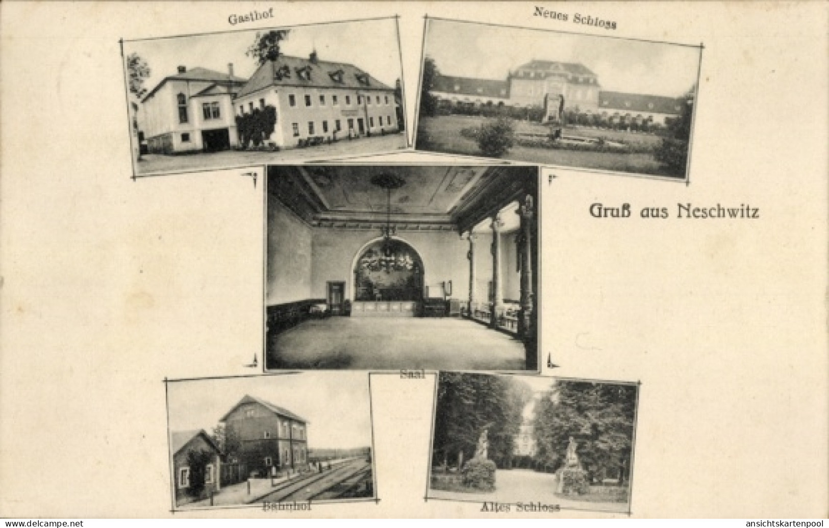 CPA Neschwitz in der Oberlausitz Sachsen, Gasthof, Neues Schloss, Saal, Bahnhof, Altes Schloss