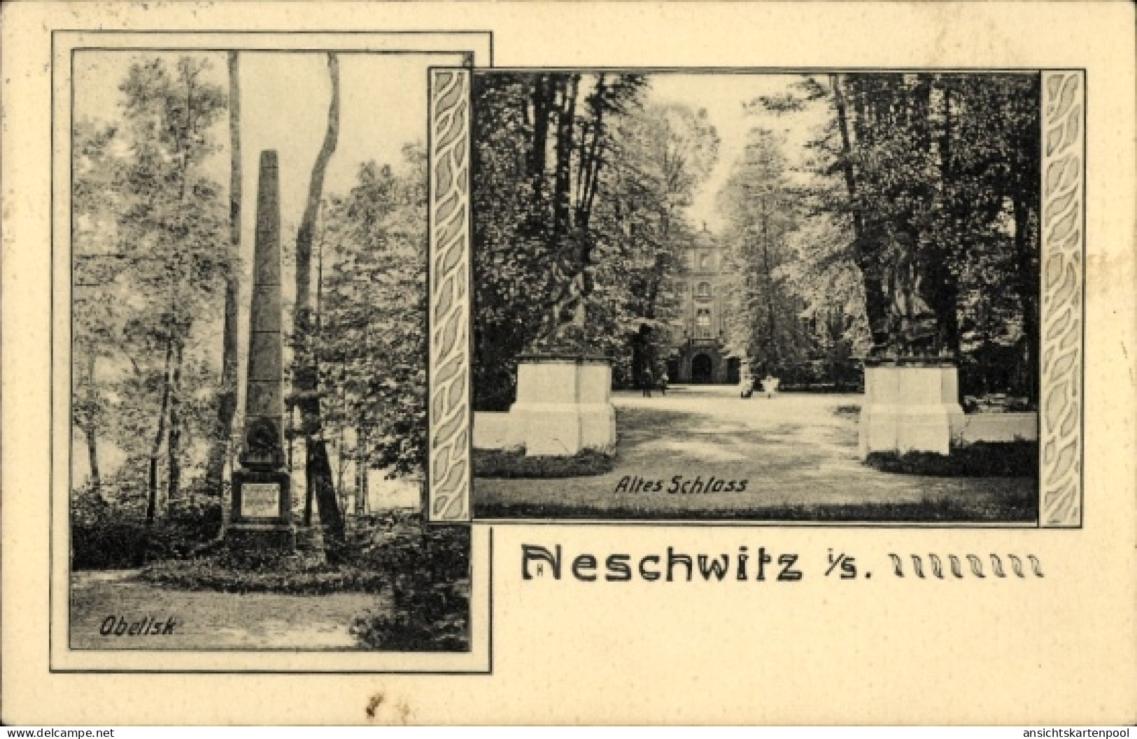 CPA Neschwitz in Sachsen, Obelisk, Altes Schloss, Schwarzweiß-Bild