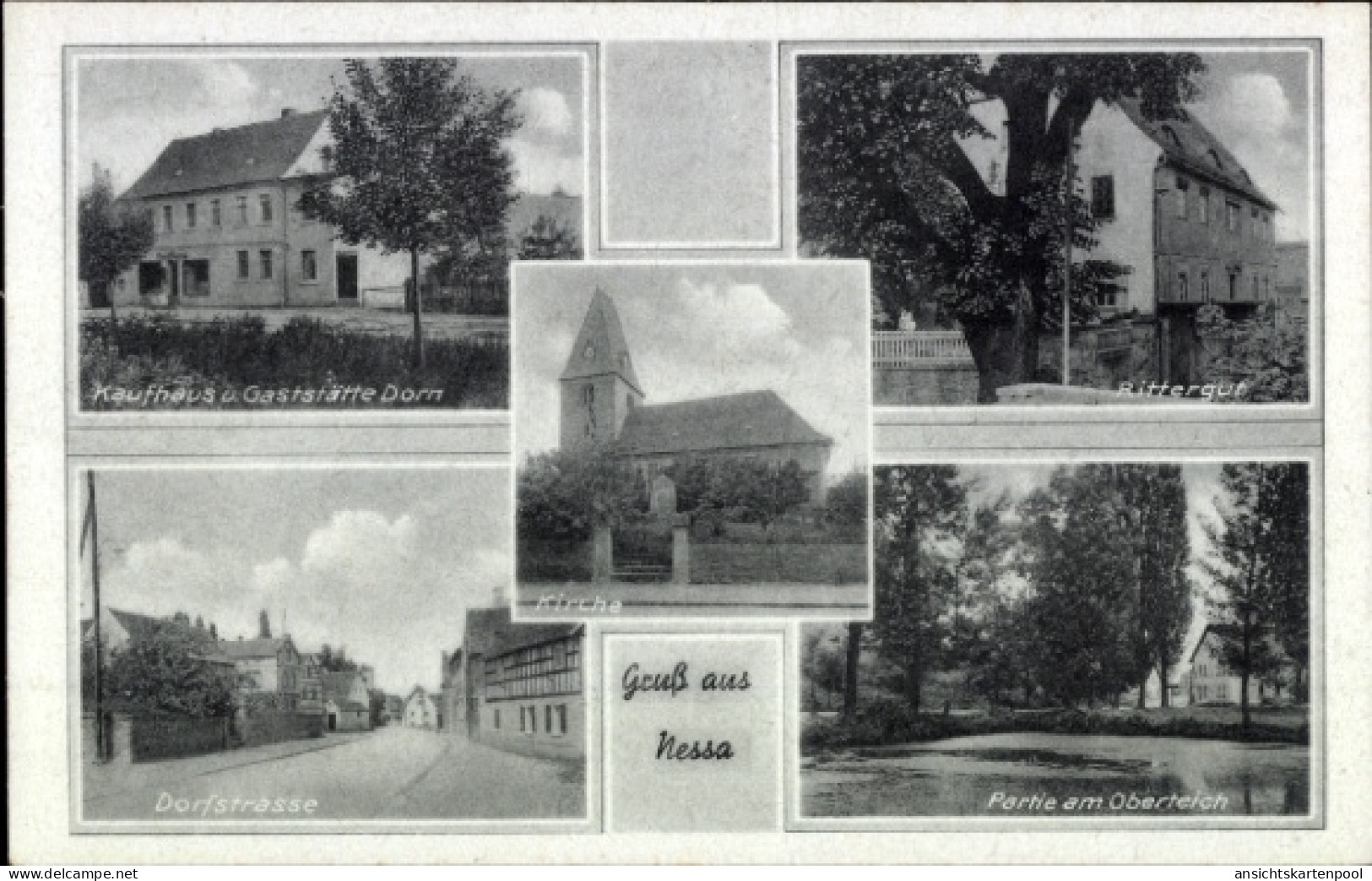 CPA Nessa Teuchern Burgenlandkreis, Kirche, Rittergut, Oberteich, Kaufhaus Gasthaus Dorn, Dorfstraße