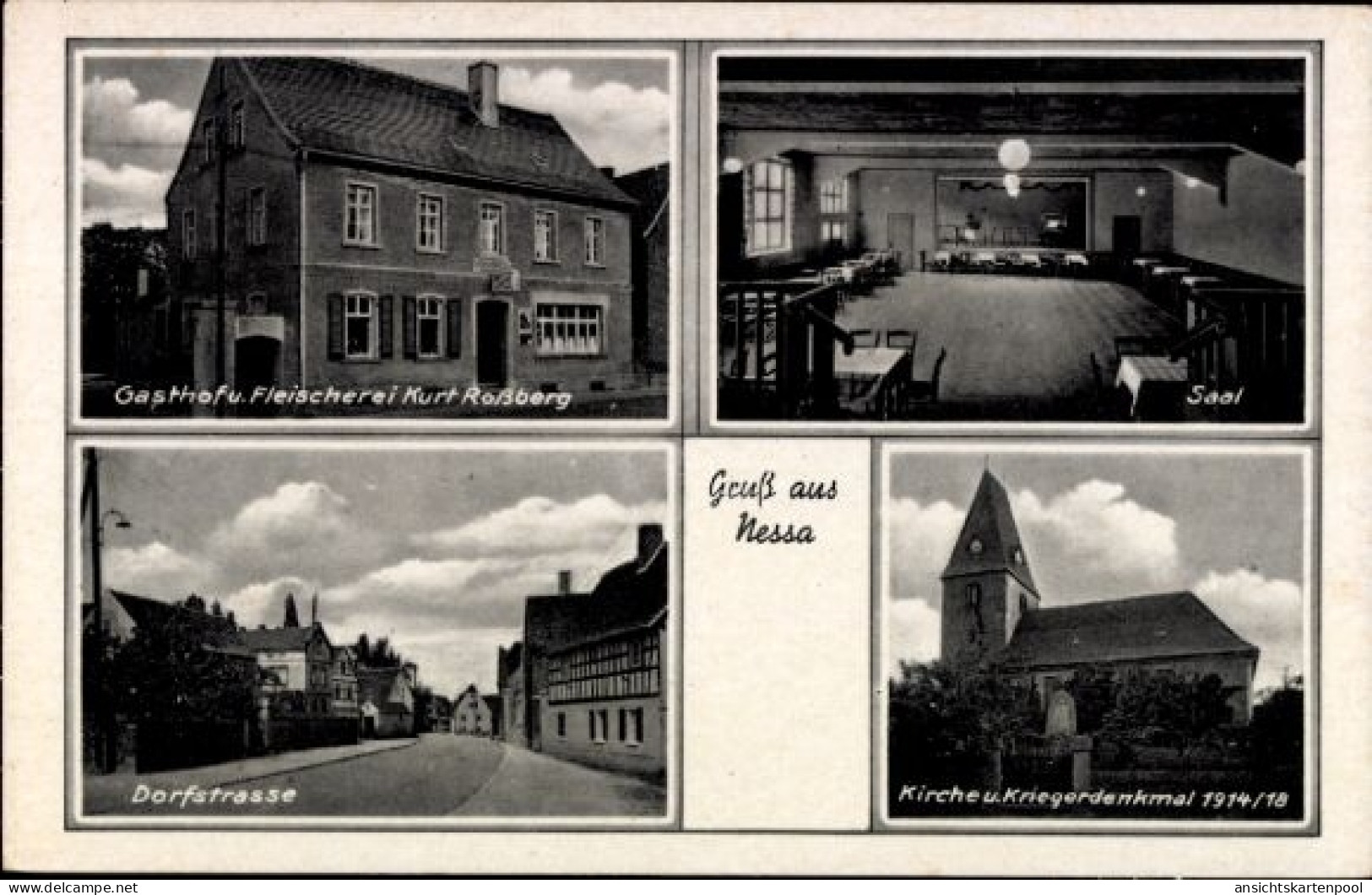 CPA Nessa Teuchern im Burgenlandkreis, Gasthof, Fleischerei, Dorfstraße, Saal, Kirche, Kriegerdenk