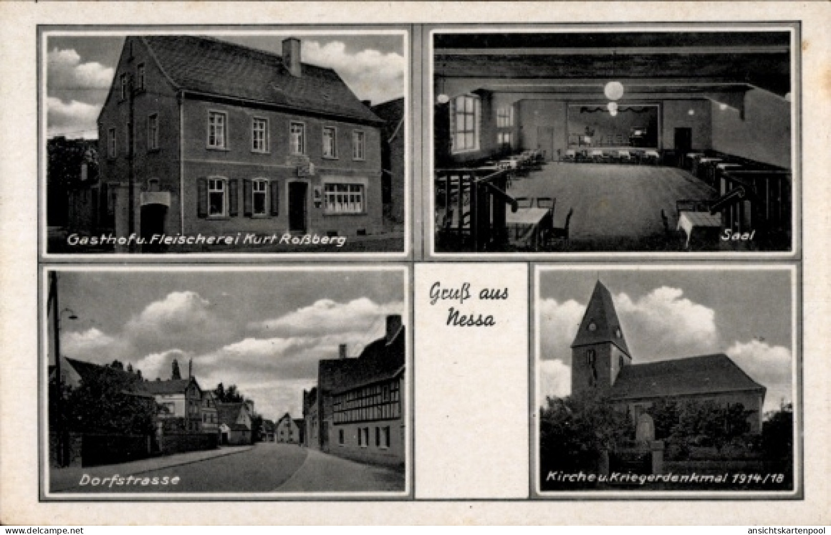 CPA Nessa Teuchern im Burgenlandkreis, Gasthof u. Fleischerei Kurt Roßberg, Saal, Dorfstraße, Kir