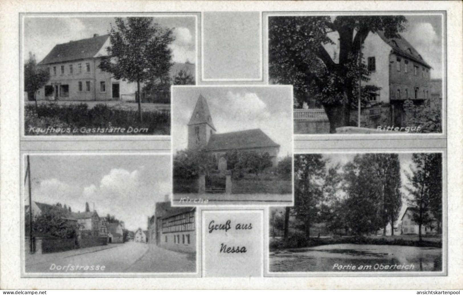 CPA Nessa Teuchern im Burgenlandkreis, Kaufhaus Gaststätte Dorn, Kirche, Rittergut, Dorfstraße, P