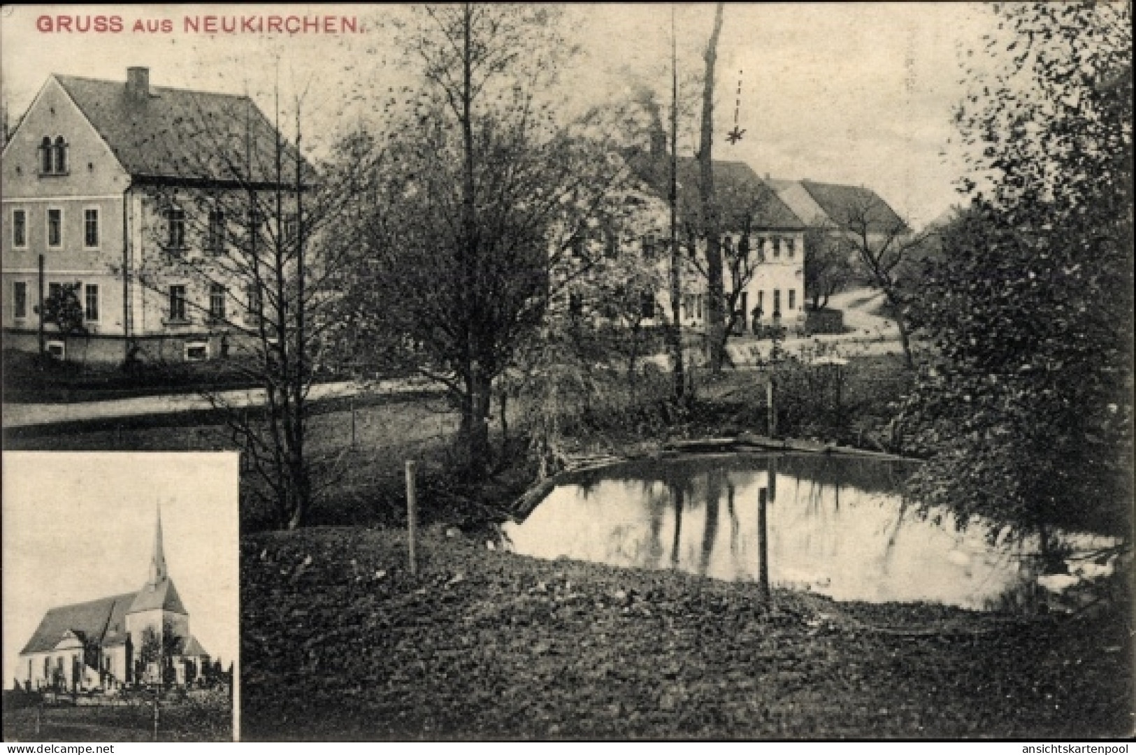 CPA Neukirchen Reinsberg in Sachsen, Ortspartie, Teich, Kirche
