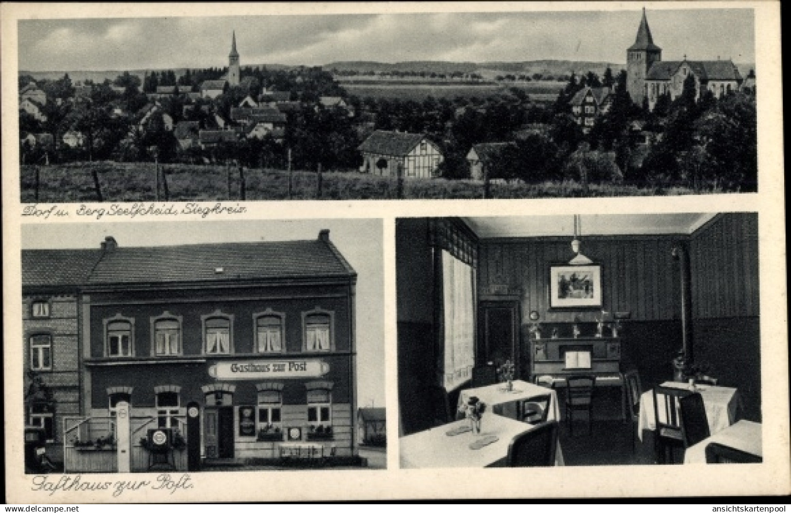 CPA Neunkirchen Seelscheid im Rhein Sieg Kreis, Gasthaus zur Post, Innenansicht, Blick auf den Ort