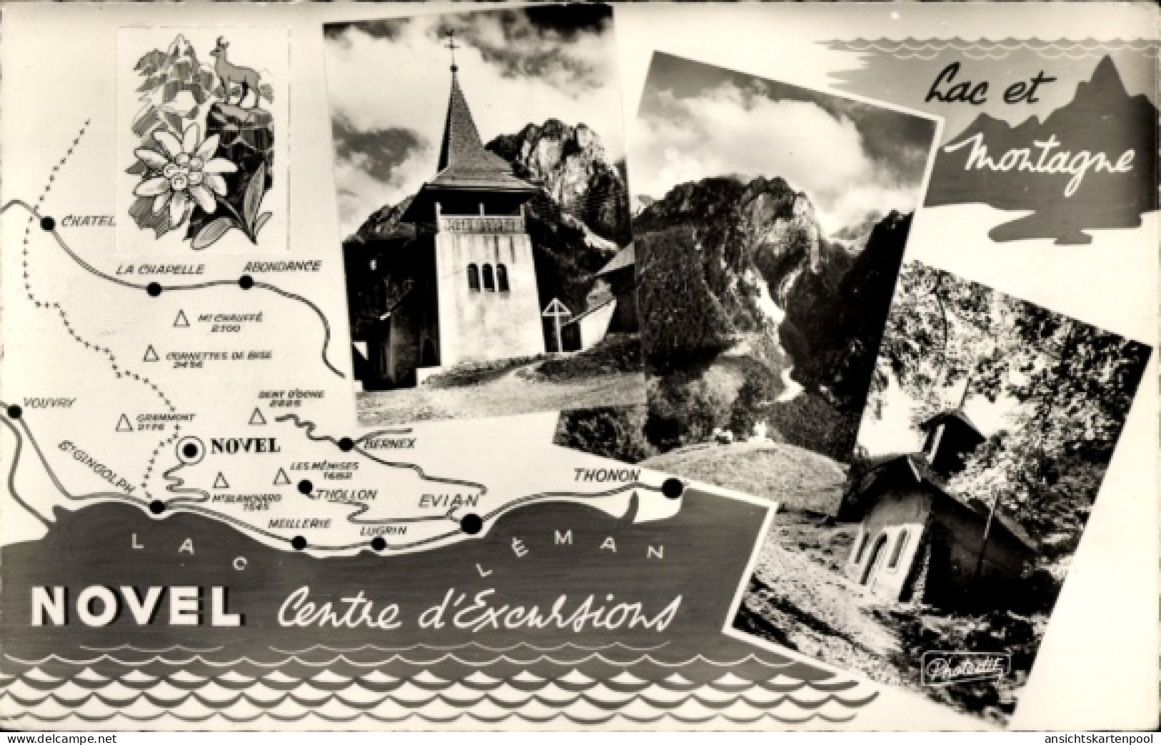 CPA Novel Haute Savoie, Kirche, Berg, Landkarte, Lac Leman, Vouvry, Thonon, Evian, Abondance