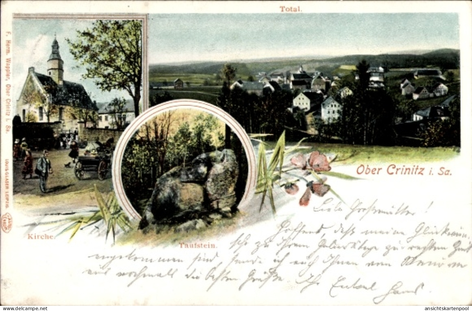 CPA Obercrinitz Crinitzberg in Sachsen, Taufstein, Kirche, Totale