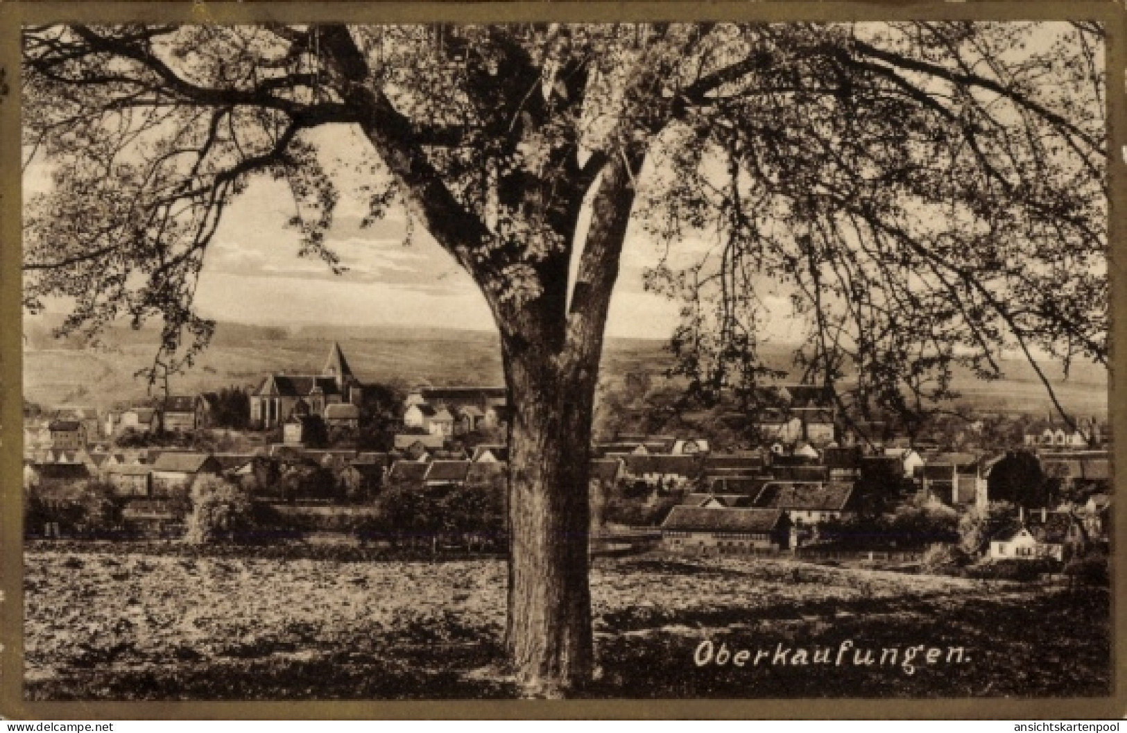CPA Oberkaufungen Kaufungen Hessen, Blick auf Baum im Vordergrund, sepiafarbene Darstellung