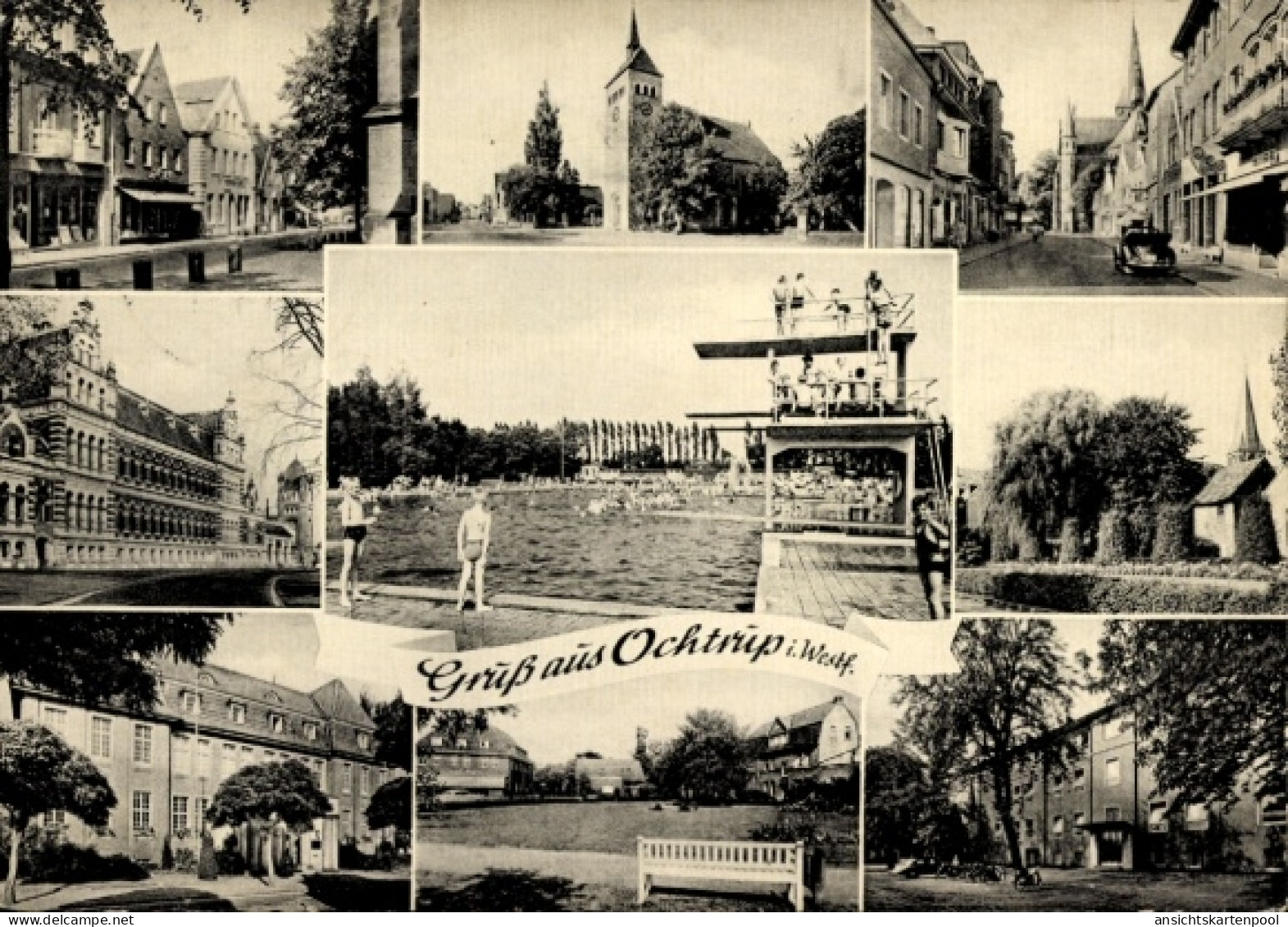 CPA Ochtrup im Münsterland, Straßenpartie, Kirche, Freibad, Gebäude