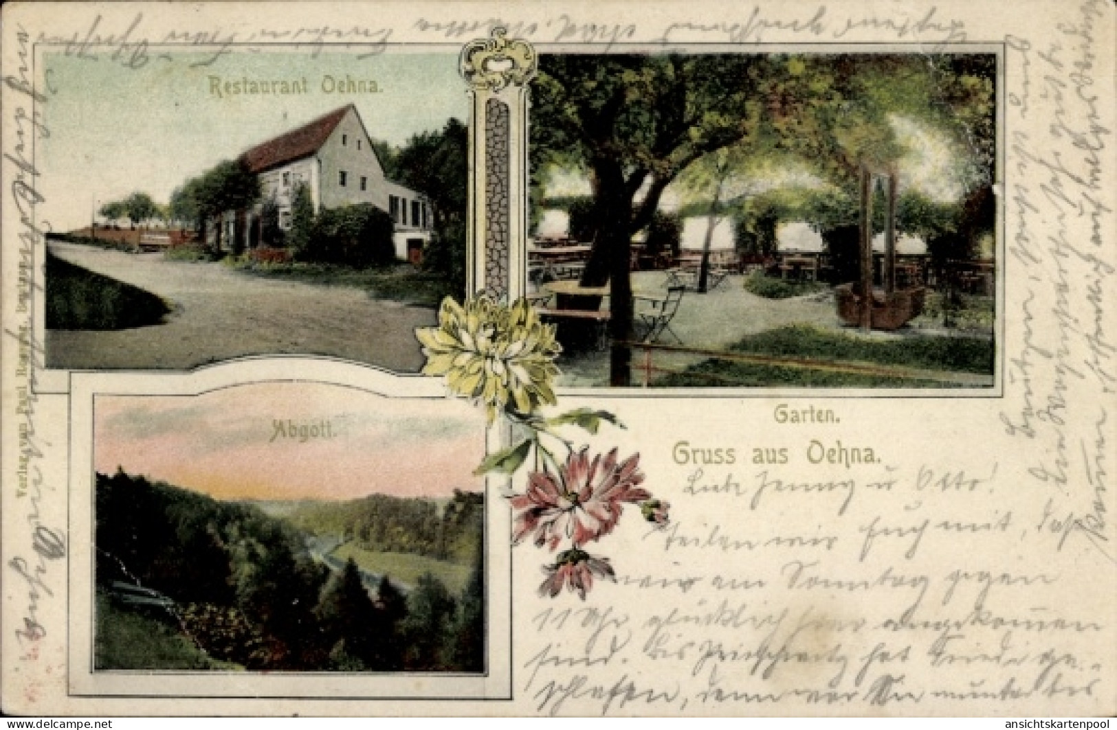 CPA Oehna Bautzen in der Oberlausitz, Restaurant Garten, Abgott, Gruss aus Oehna