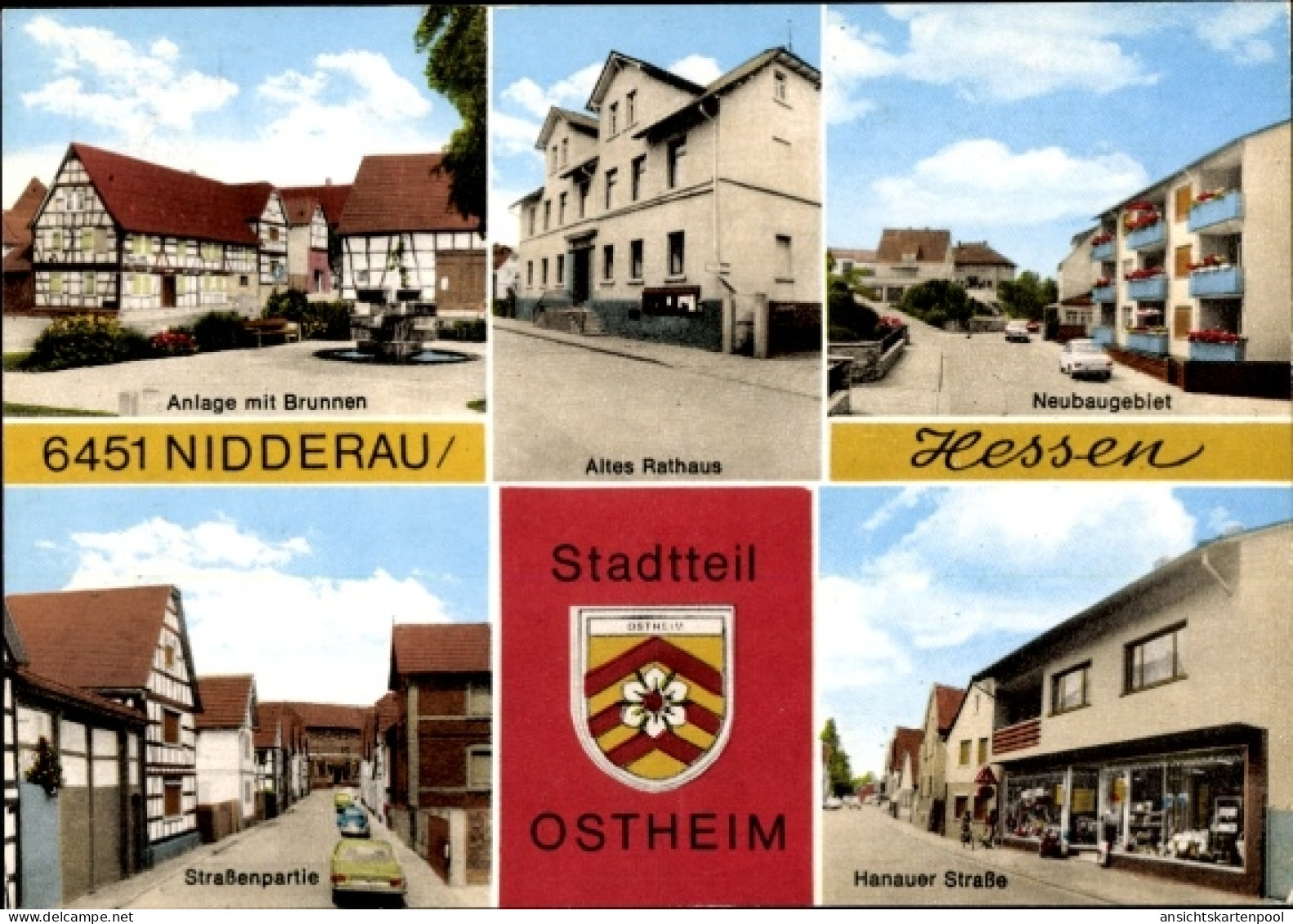 CPA Ostheim Nidderau in Hessen, Wappen, Anlage mit Brunnen, Neubaugebiet, Altes Rathaus