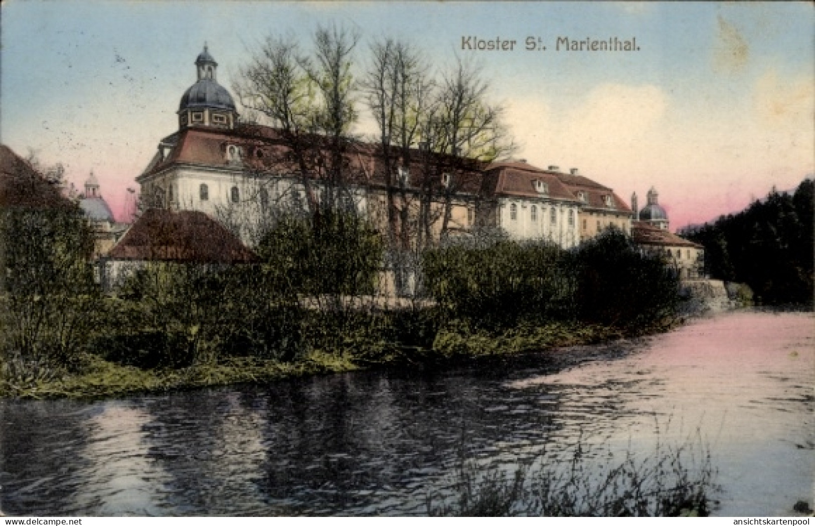 CPA Ostritz in der Oberlausitz, Kloster Sankt Marienthal, Fluss, Bäume,