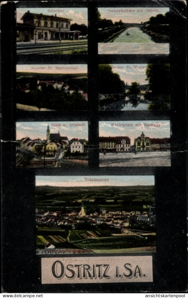 CPA Ostritz in der Oberlausitz, Marktplatz, Rathaus, Kloster St. Marienthal, Bahnhof, Gleisseite