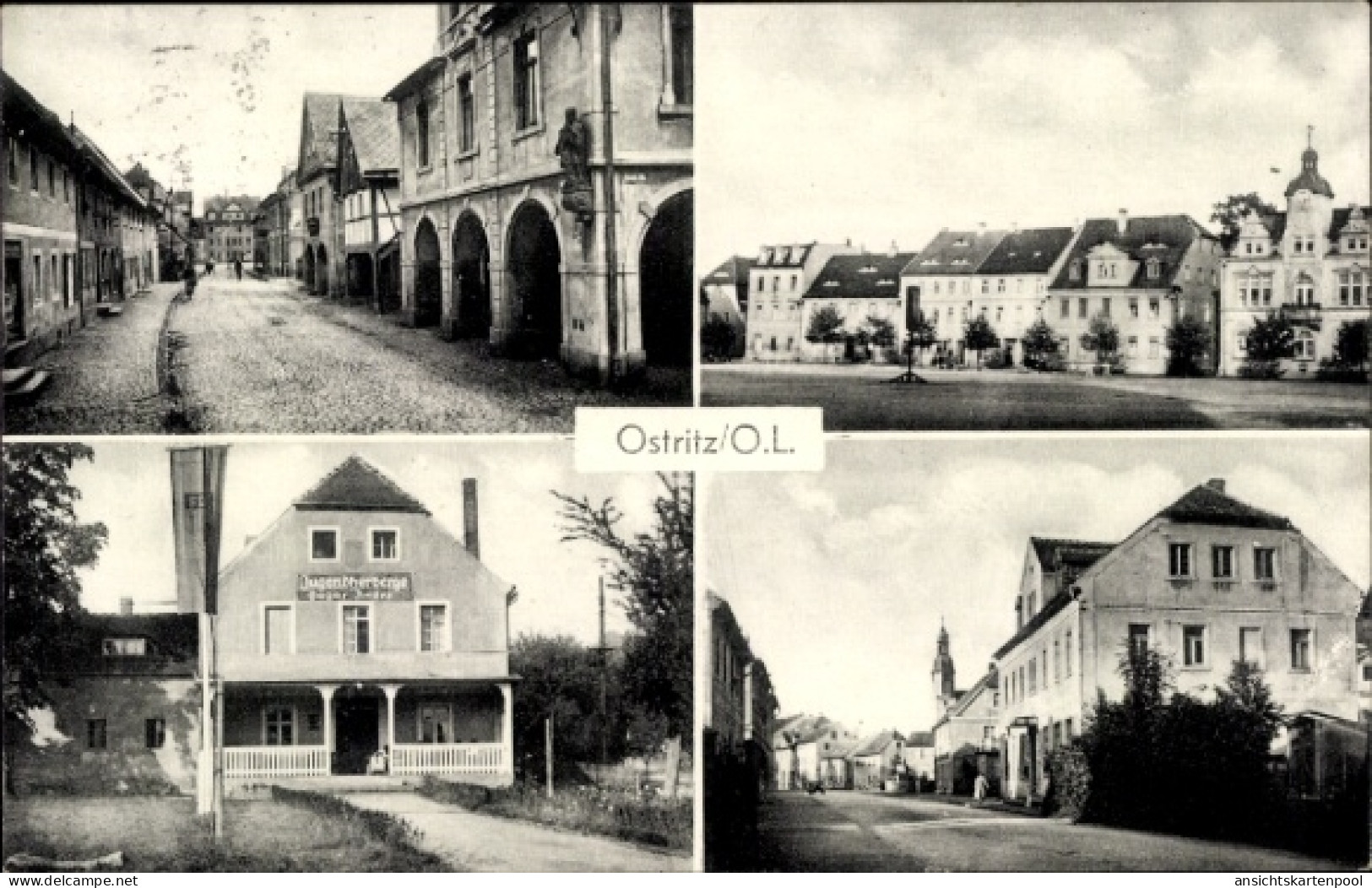 CPA Ostritz in der Oberlausitz, Straßenpartie, Jugendherberge, Platz