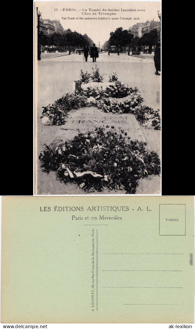 CPA Paris La Tombe du Soldat Inconnu Souos Triumphbogen /Arc de Triomphe 1919
