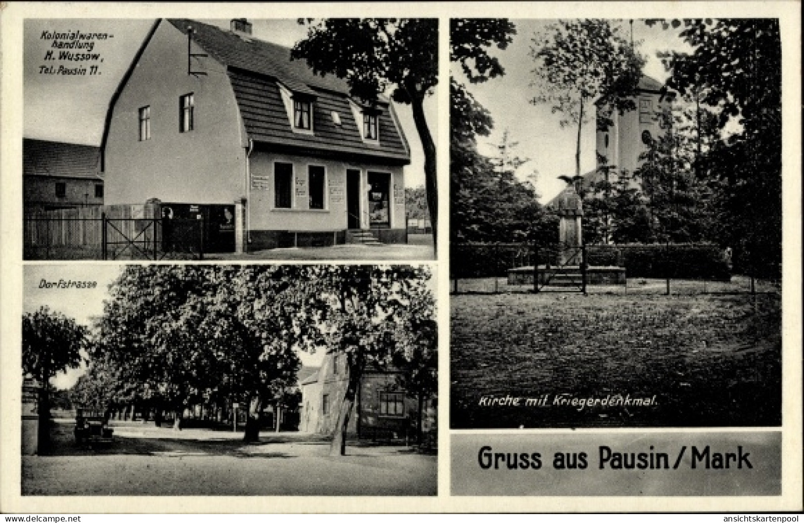 CPA Pausin Schönwalde Glien Havelland, Kolonialwarenhandlung, Kirche, Kriegerdenkmal