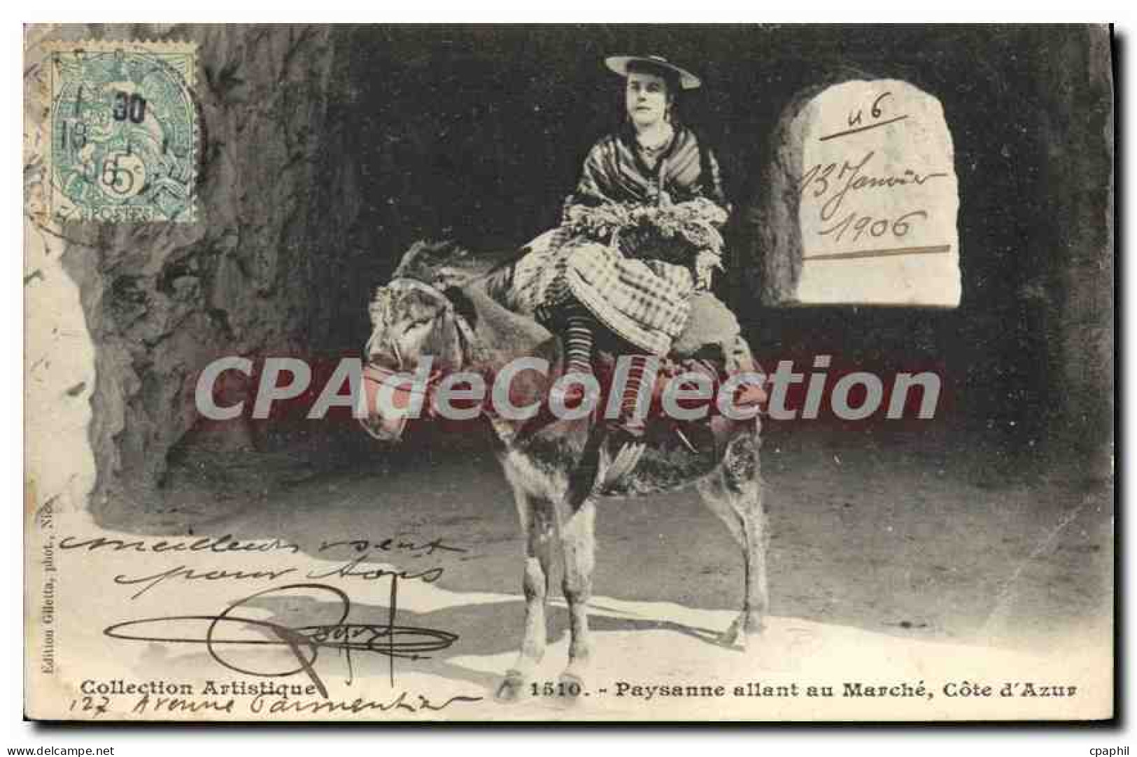 CPA Paysanne allant au marché Cote d’Azur âne