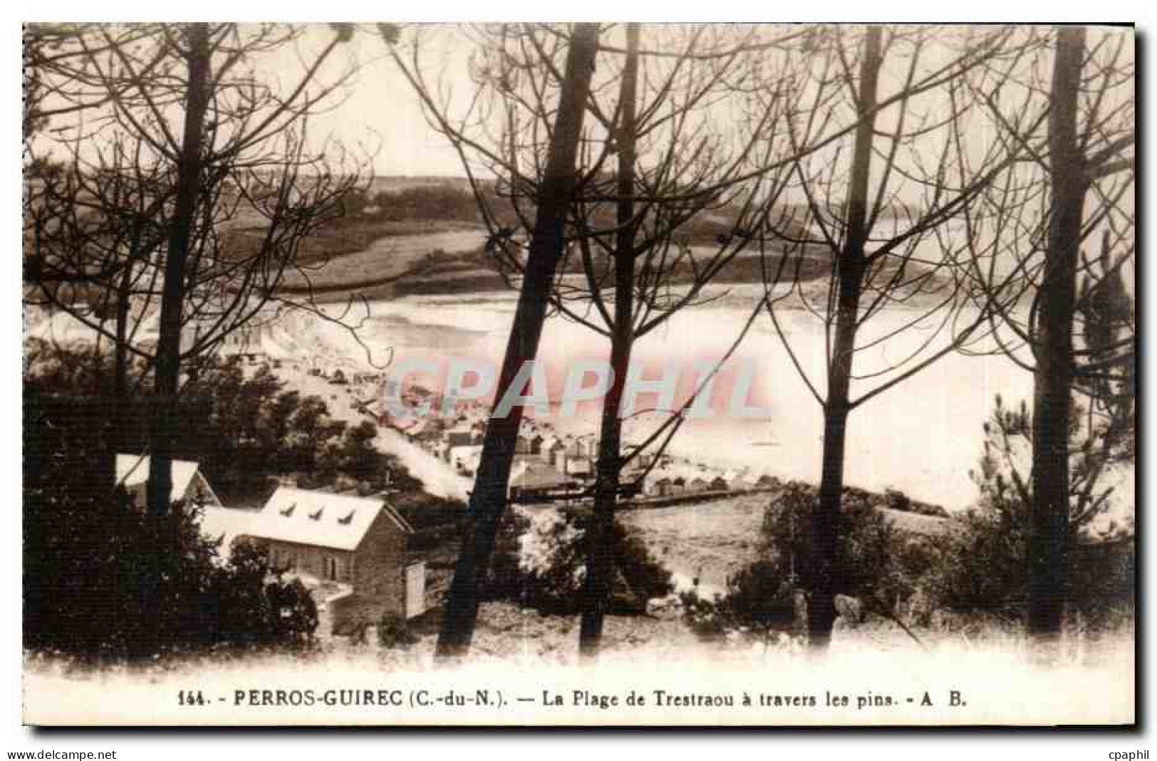 CPA Perros Guirec La Plage de Trestraou a travers les pins