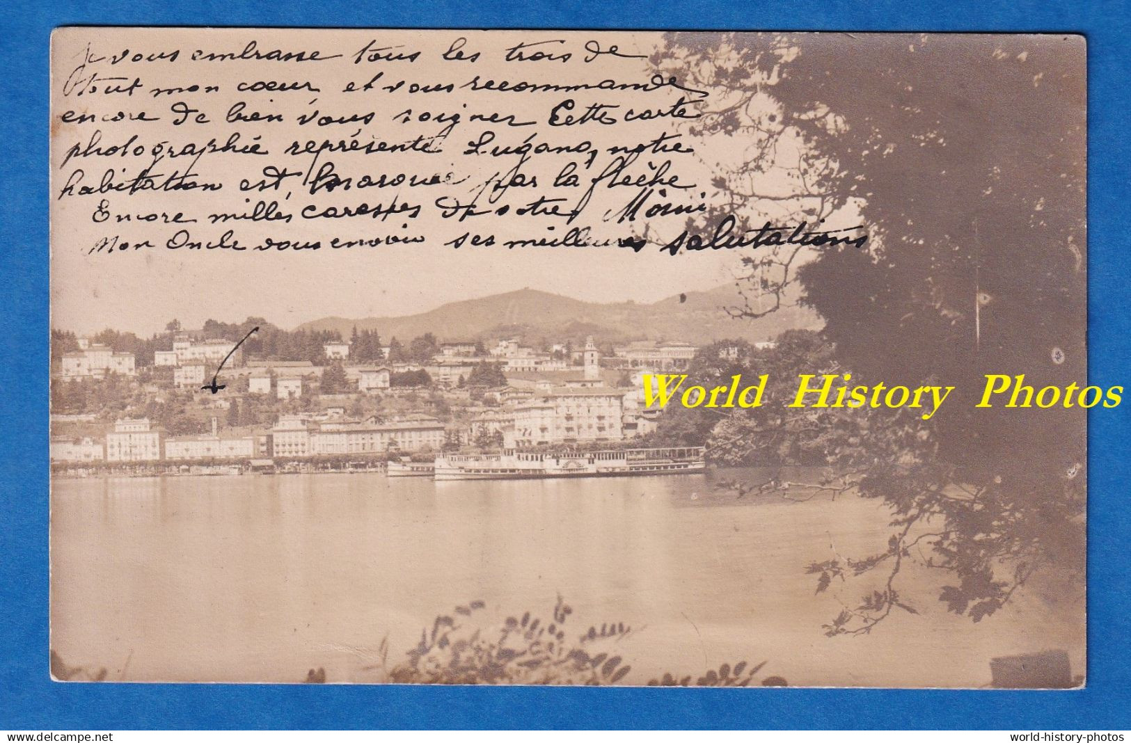 CPA photo - Port de LUGANO - Beau bateau à roue à aube LOMBARDIA à quai - 22 aout 1921 - Lago Lac