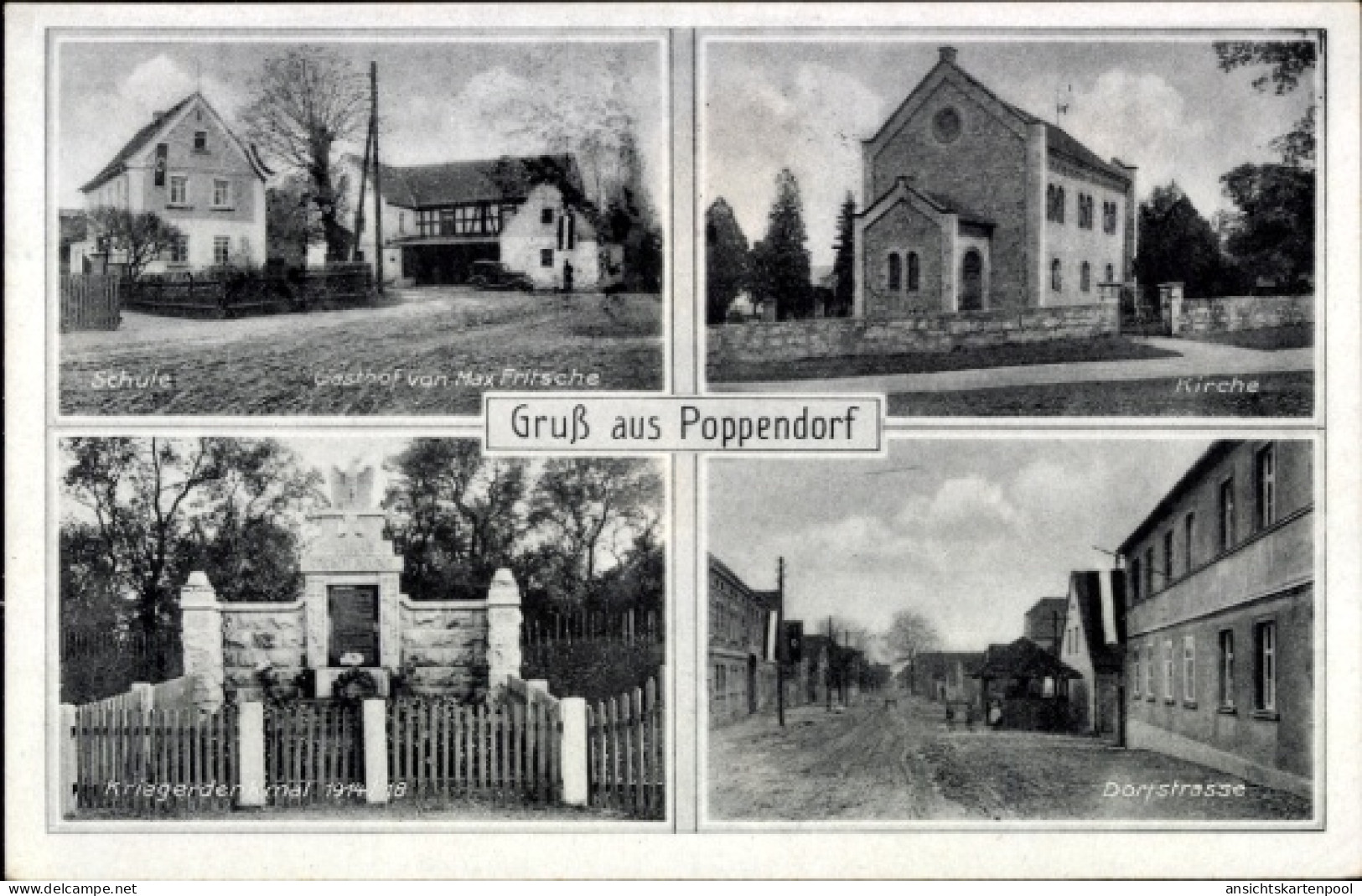 CPA Poppendorf Schkölen in Thüringen, mit Schule, Gasthof, Kirche, Dorfstraße, schwarz-weiß