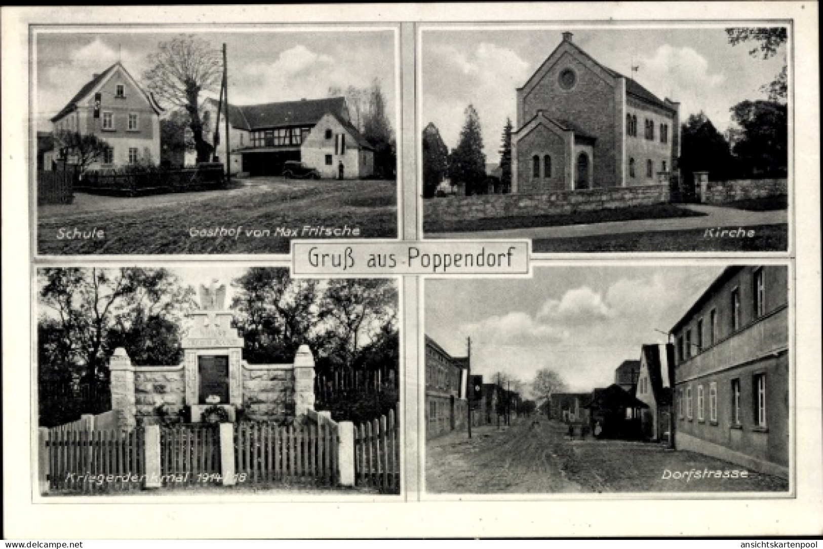 CPA Poppendorf Schkölen in Thüringen, Schule, Gasthof, Kirche, Kriegerdenkmal, Dorfstraße