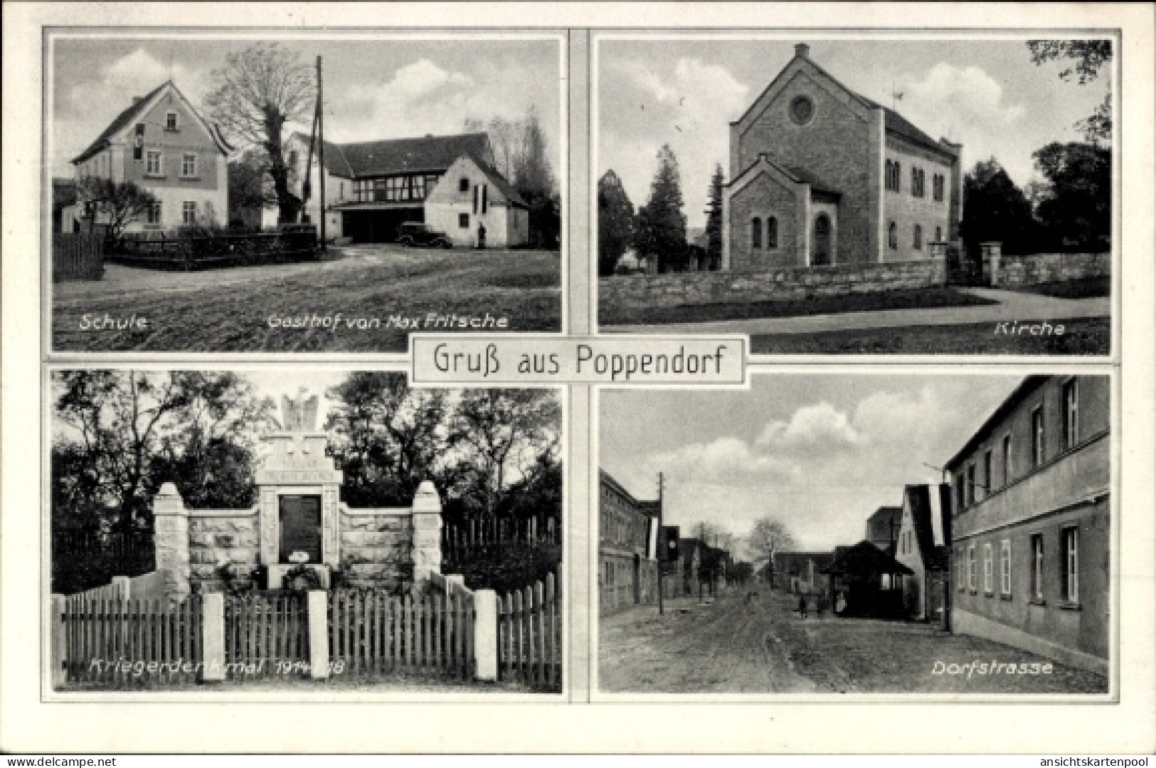 CPA Poppendorf Schkölen in Thüringen, Schule, Gasthof von Max Fritsche, Kirche, Dorfstraße