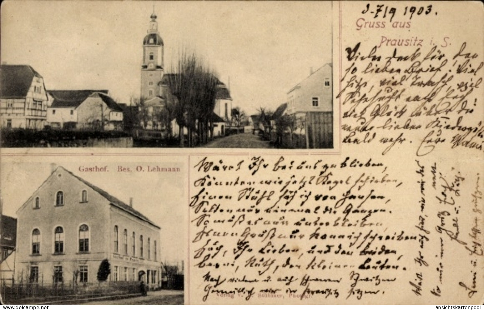 CPA Prausnitz Hirschstein, Gasthof, Kirche