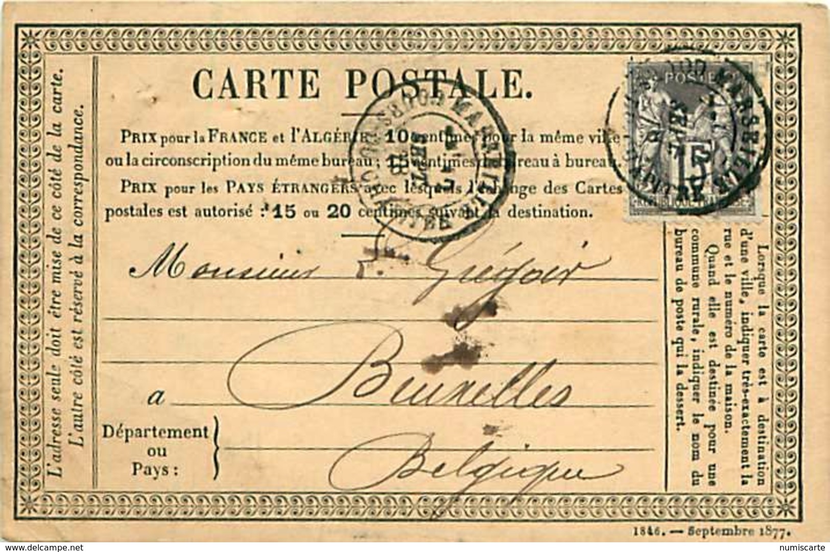 cpa précurseur 1878 de MARSEILLE Cours du Chapitre 13 à Bruxelles, cachet Eugène HAINS