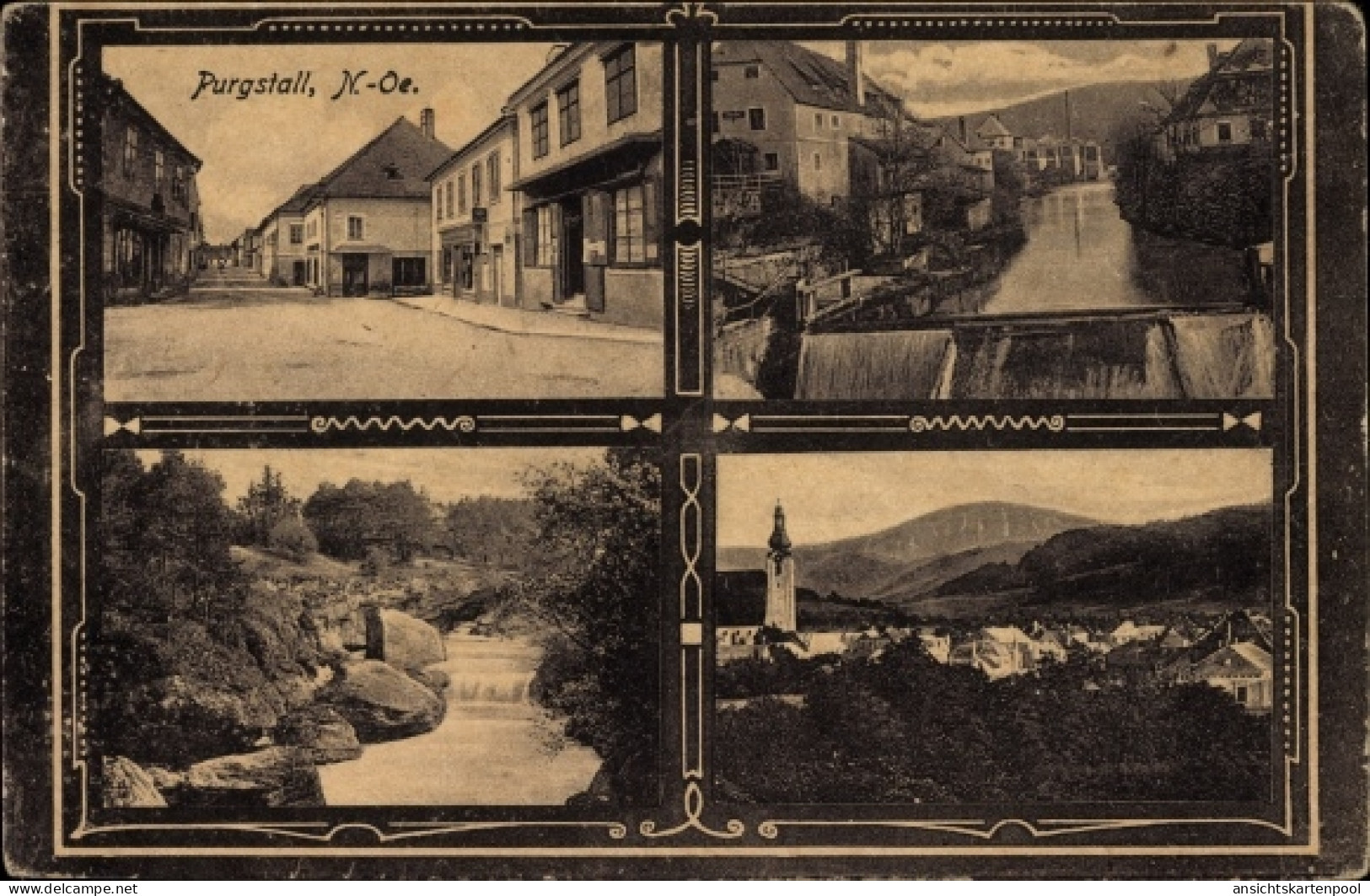 CPA Purgstall an der Erlauf in Niederösterreich, Straßenpartie, Fluss mit Wehr, Gesamtansicht, Kirche