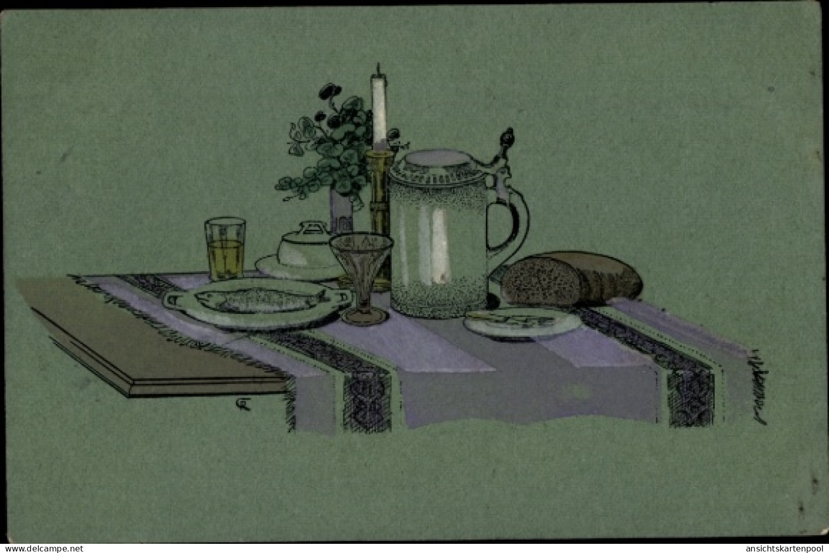 CPA Rabenstein Amt Niemegk Brandenburg, Eine gedeckte Tafel mit Brot, Bierkrug, Kerze, Weinglas...