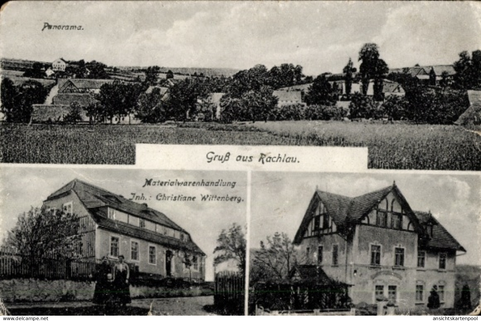 CPA Rachlau Kubschütz in der Oberlausitz, Panoramaansicht, Gruß aus Materialwarenhandlung, Christ