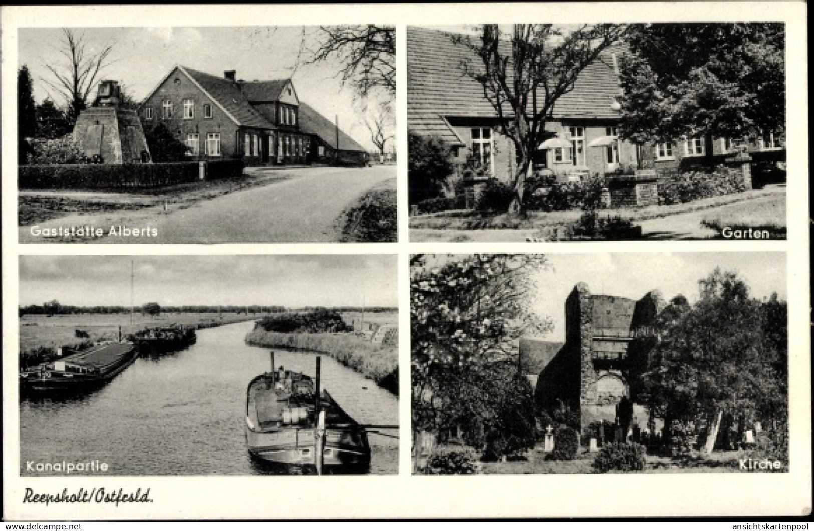 CPA Reepsholt Friedeburg in Ostfriesland, Gaststätte Alberts, Kanalpartie, Kirche