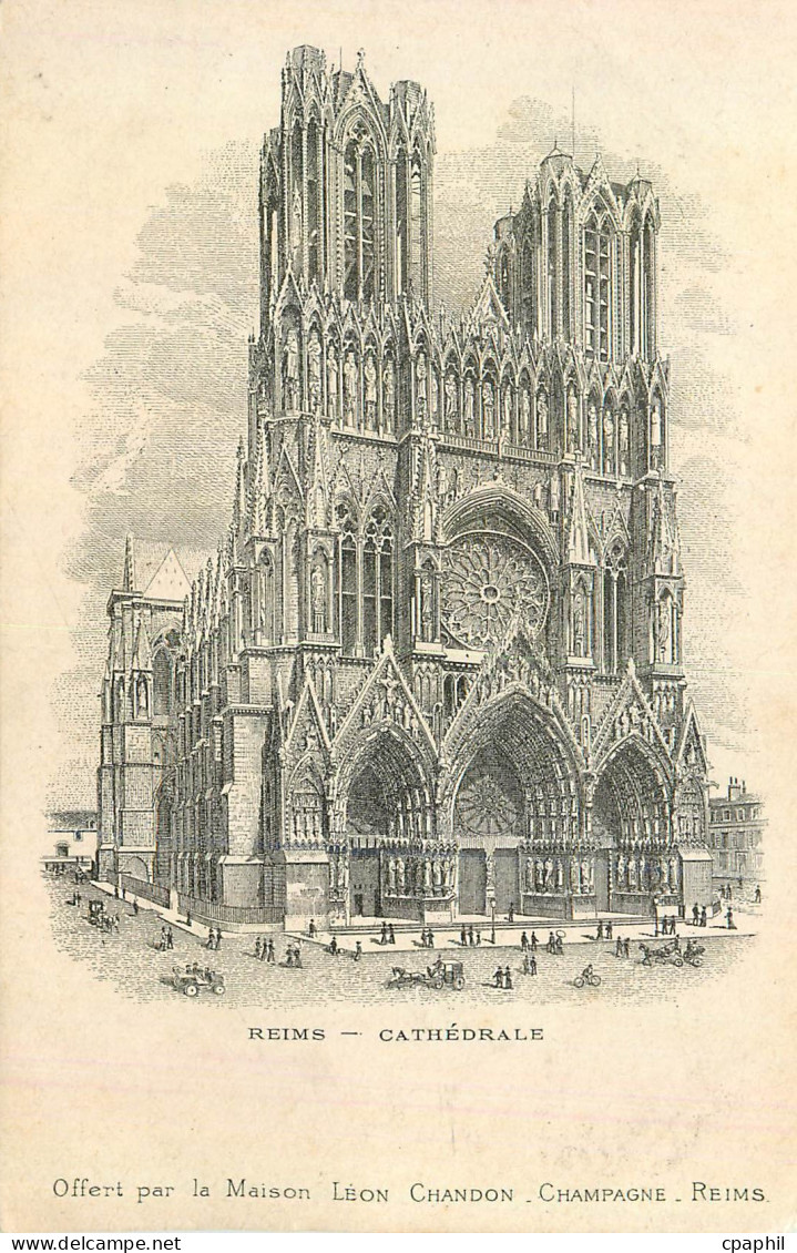 CPA Reims cathedrale Dessin au dos Vue des Etablissements Leon Chandon Reims