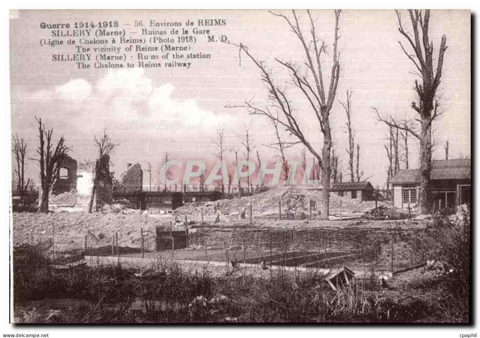 CPA Reims Environs de Reims Sillery Ruines de la Gare Thevicinity of Reims Sillery Militaria