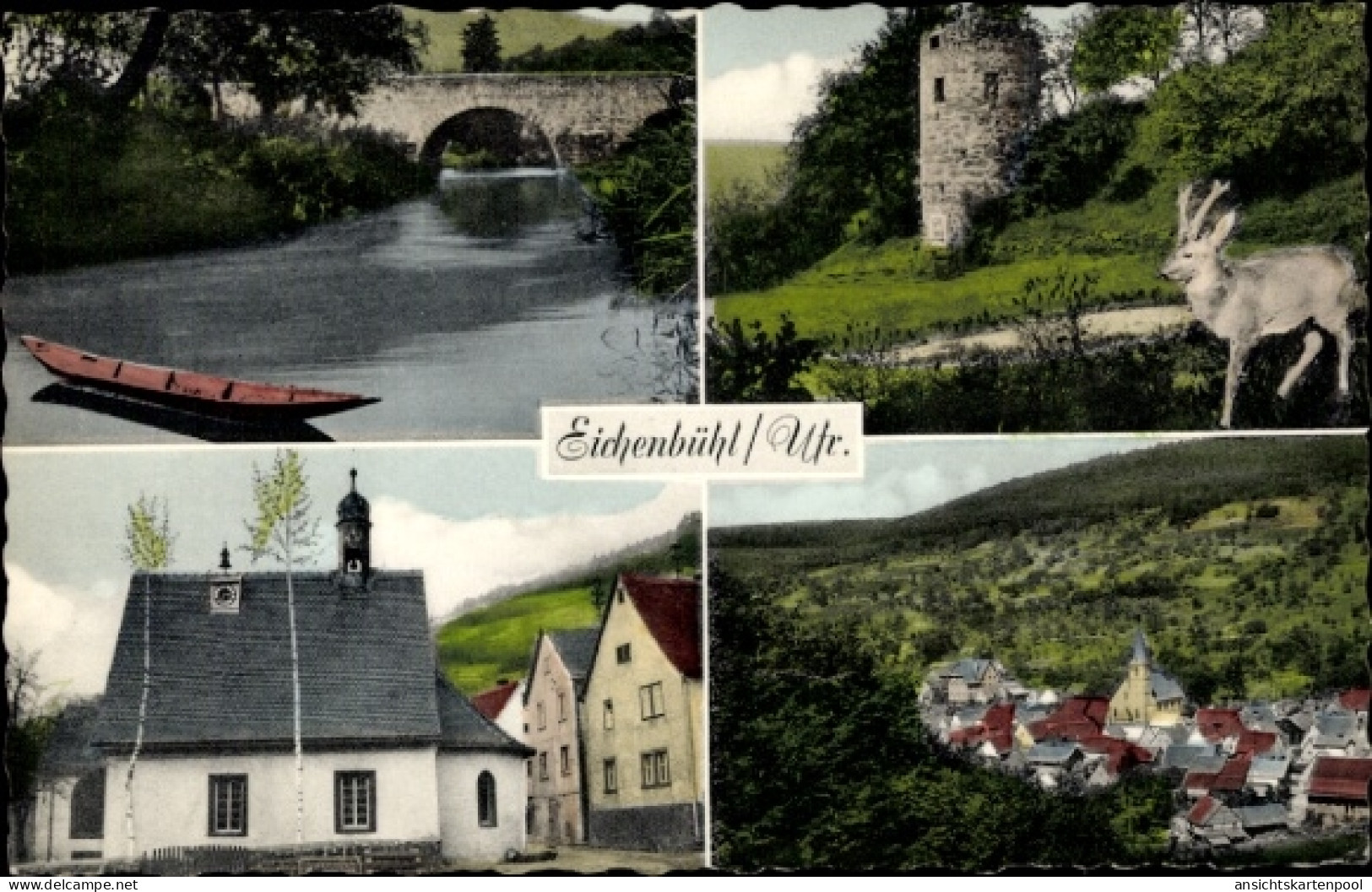 CPA Riedern Eichenbühl in Unterfranken, Teilansichten, Brücke, Kirche, Turm, Hirsch