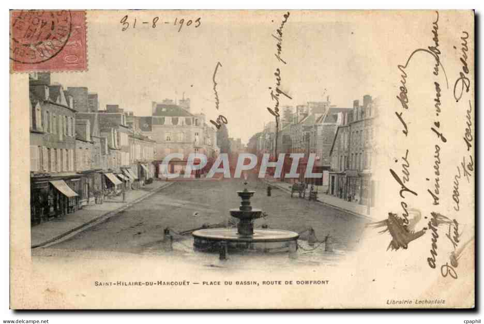 CPA Saint Hilaire du Harcouet Place du bassin Route de Domfront