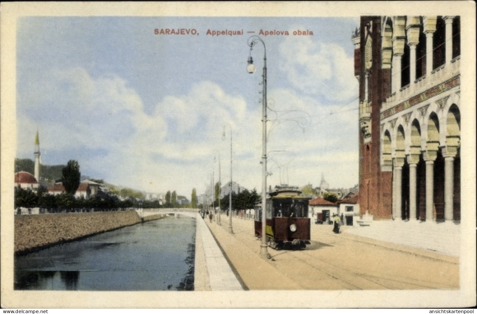 CPA Sarajevo Bosnien Herzegowina, Appelquai, Straßenbahn