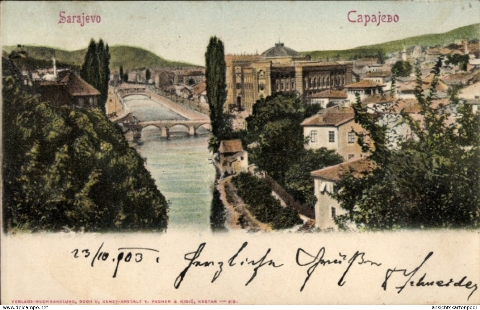 CPA Sarajevo Bosnien Herzegowina, Fluss, Brücke, Gebäude, Bäume,