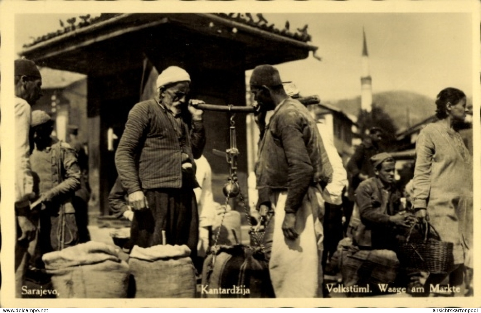 CPA Sarajevo Bosnien Herzegowina, Kantardzija, Volkstümliche Waage am Markte, Händler