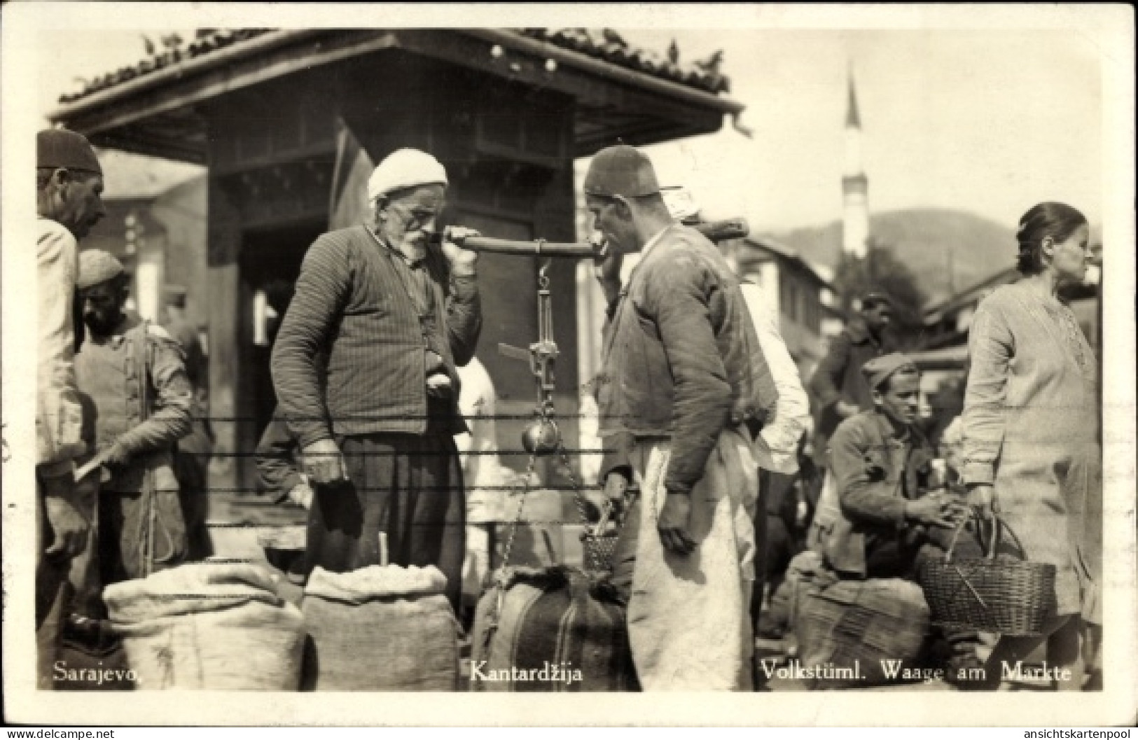 CPA Sarajevo Bosnien Herzegowina, Kantardzija, Volkstümliche Waage am Markte, Händler