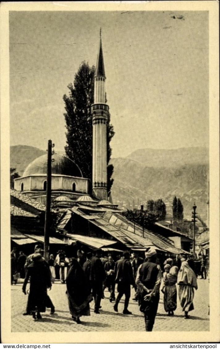 CPA Sarajevo Bosnien Herzegowina, Moschee, Minarett, Märkte, Menschen, historische Architektur