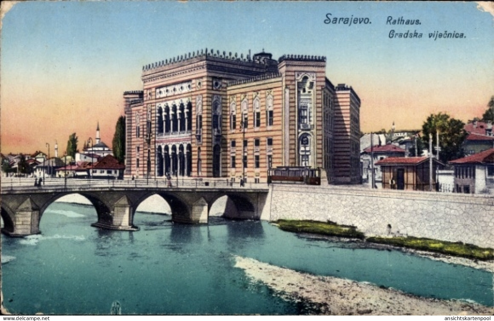 CPA Sarajevo Bosnien Herzegowina, Rathaus, Gradska viječnica, Brücke, Fluss