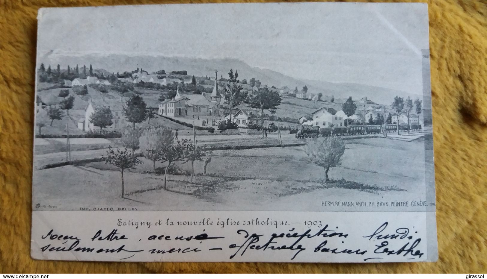 CPA SATIGNY ET LA NOUVELLE EGLISE CATHOLIQUE  TRAIN LOCOMTIVE DESSIN IM CHADUC 1904