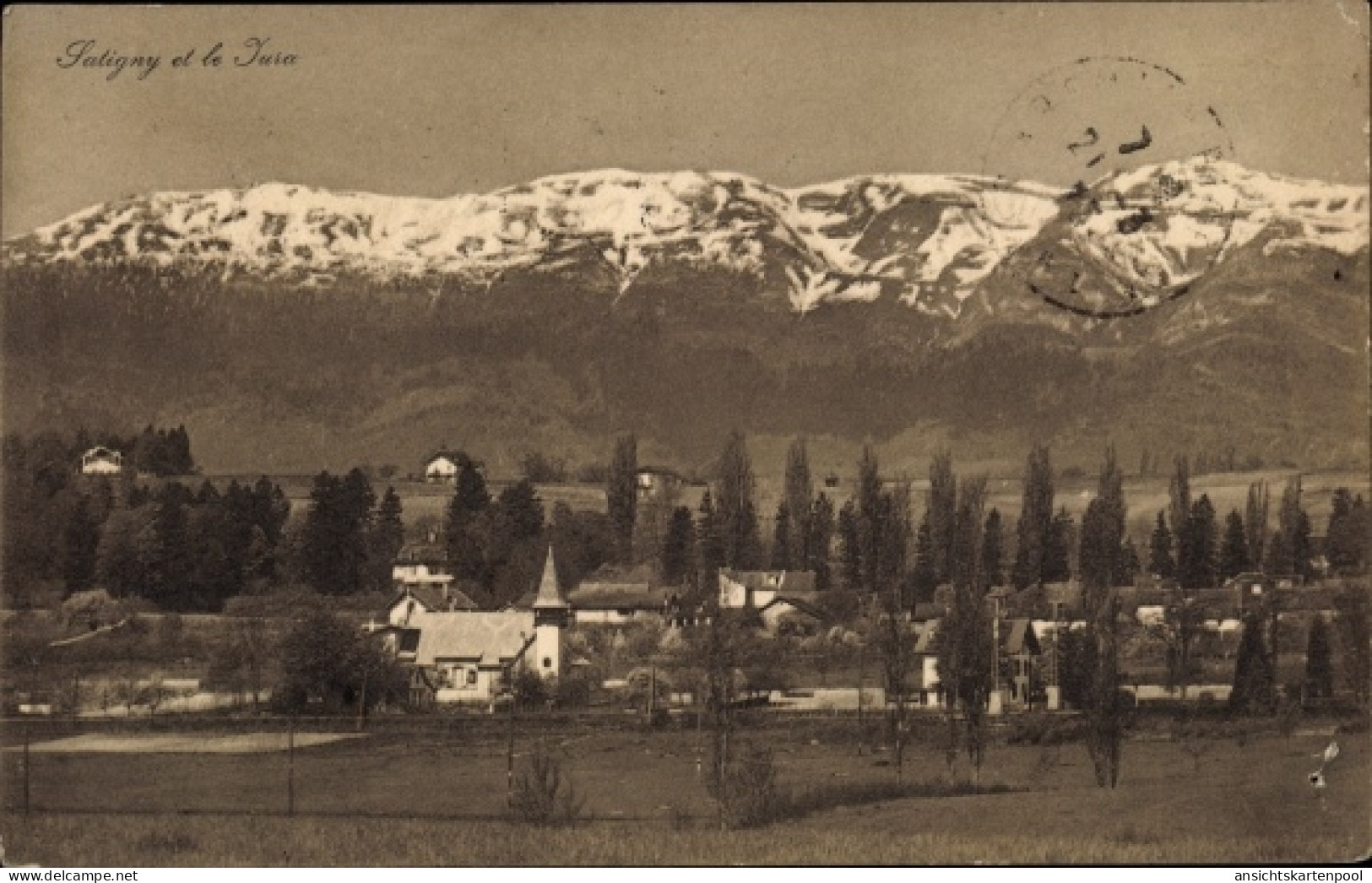 CPA Satigny Kanton Genf Genève, Blick auf Ort und Jura-Massiv