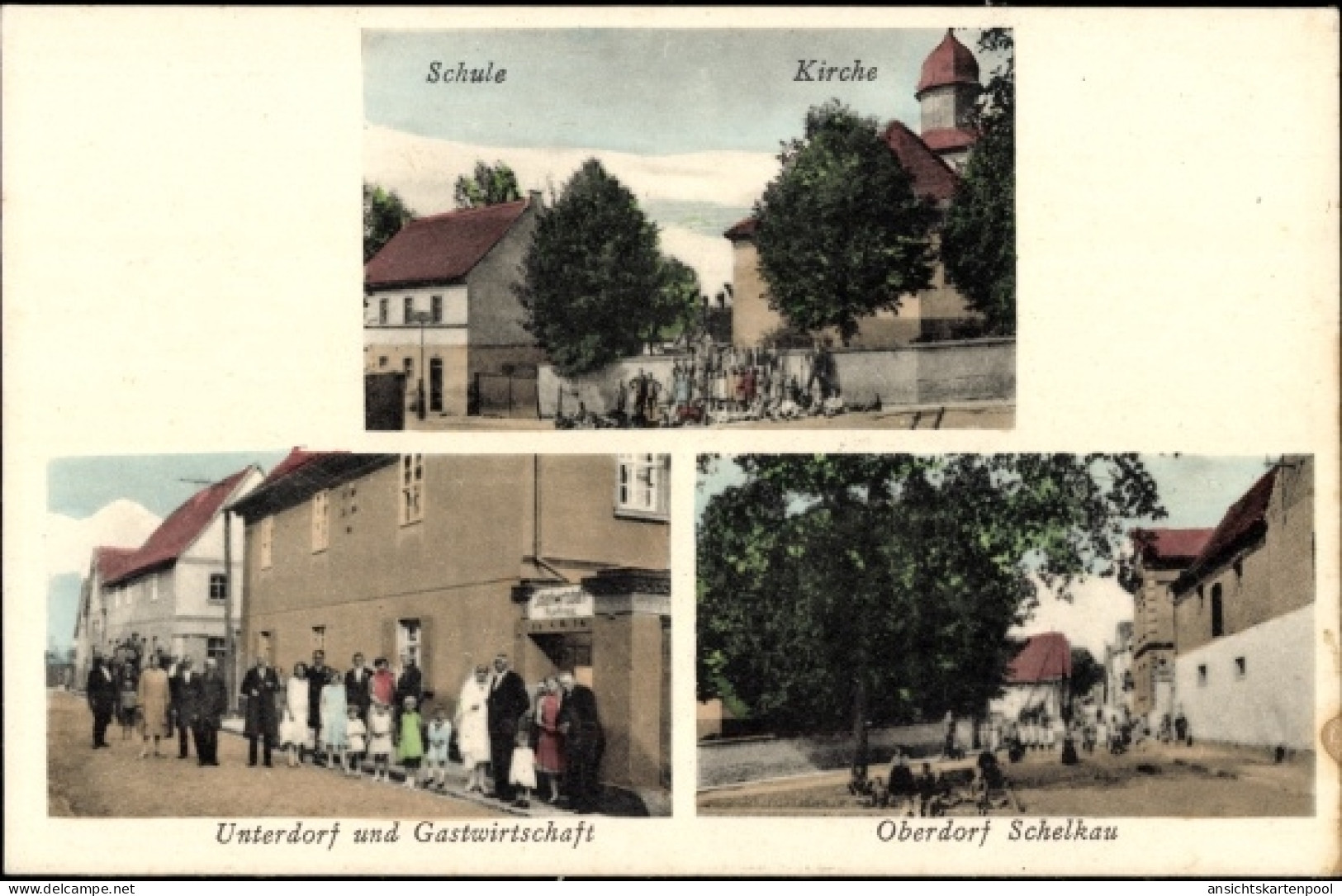 CPA Schelkau Teuchern im Burgenlandkreis, Schule, Gastwirtschaft, Kirche, Oberdorf, Unterdorf