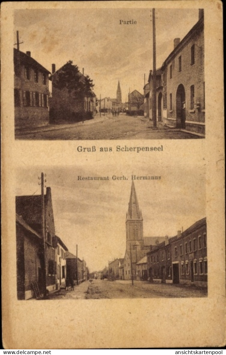 CPA Scherpenseel Übach Palenberg, Straßenpartie, Kirche, Restaurant Gerh. Hermanns