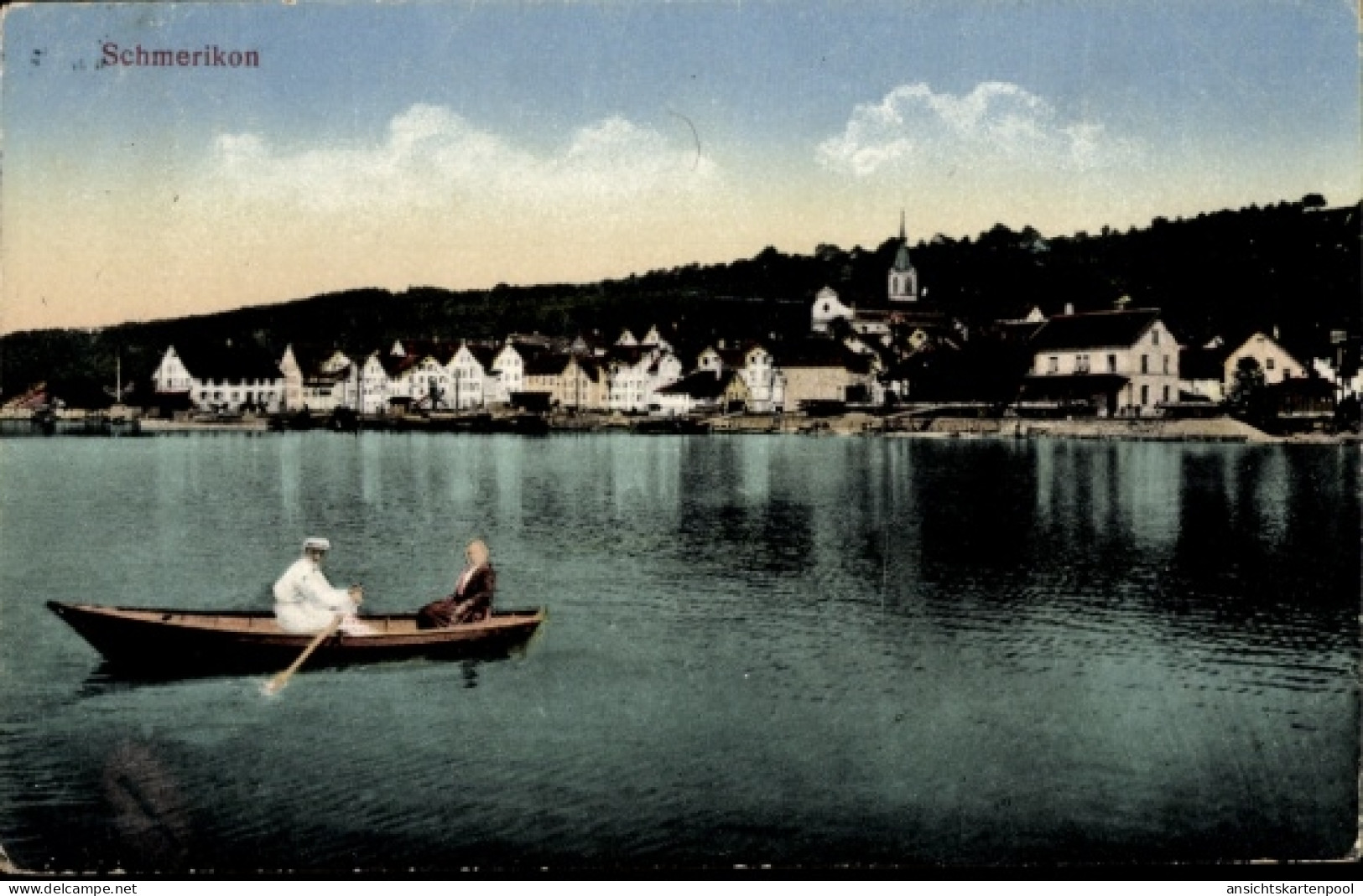 CPA Schmerikon Kanton St. Gallen, Ortsansicht am See, Ruderboot