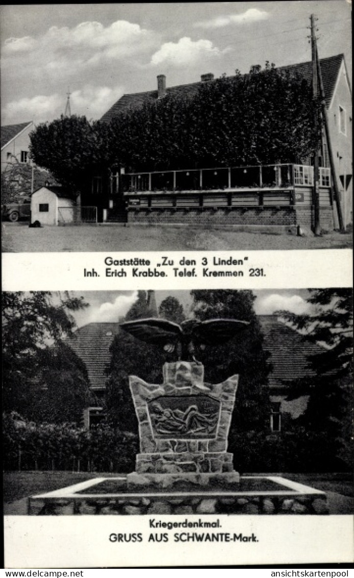 CPA Schwante Oberkrämer in Brandenburg, Kriegerdenkmal, Gaststätte zu den 3 Linden