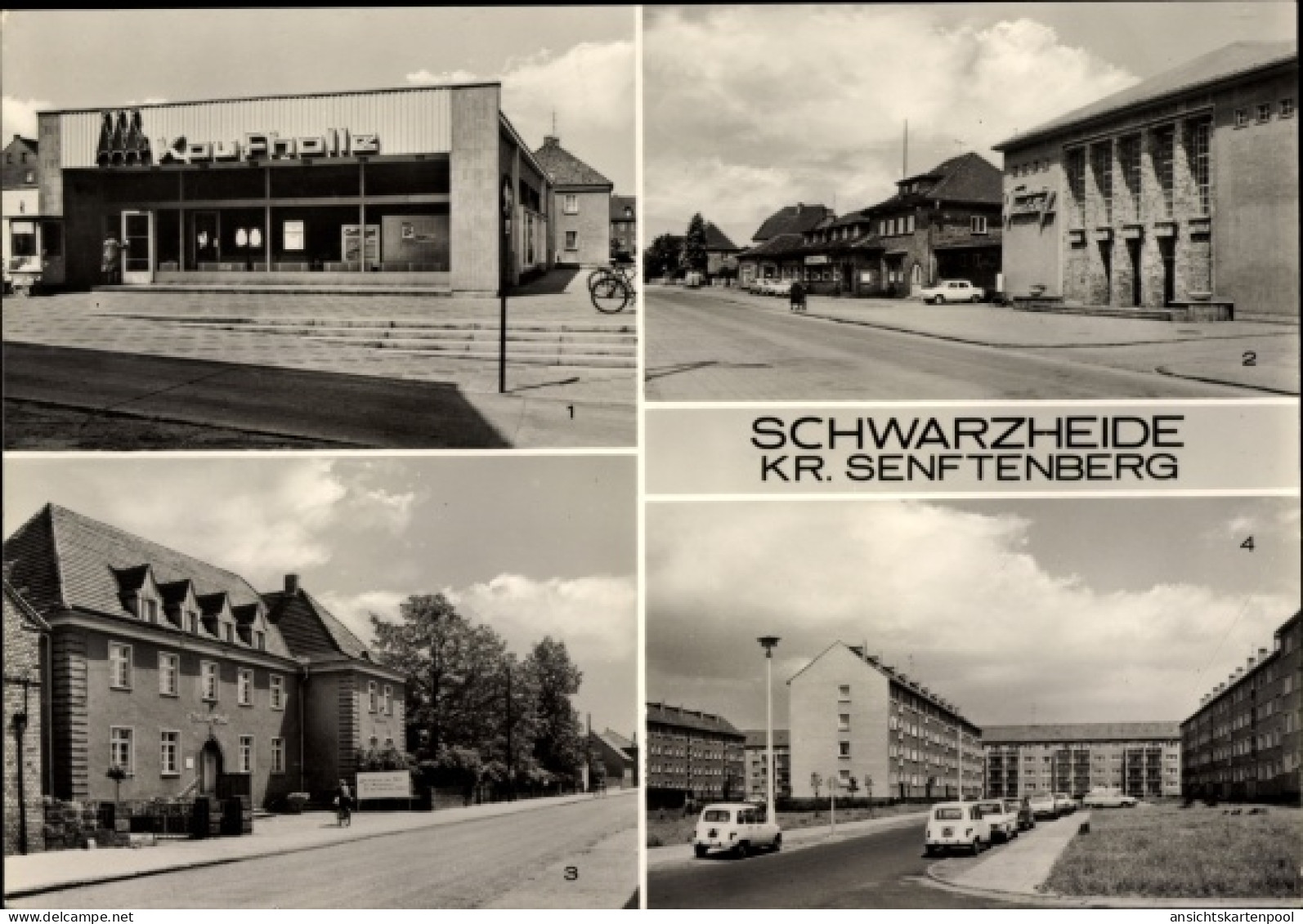 CPA Schwarzheide in der Niederlausitz, Kaufhalle, Kulturhaus Wandelhof, Rathaus, Straße 20. Jahrestag